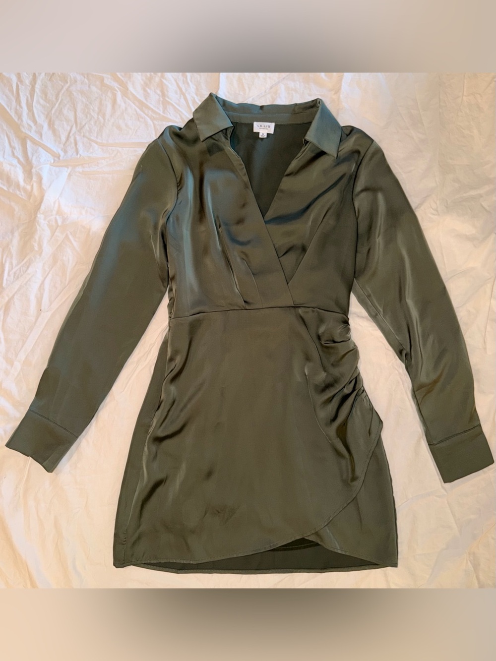 Le Lis Olive Green Satin Faux-Wrap Long Sleeve Dress